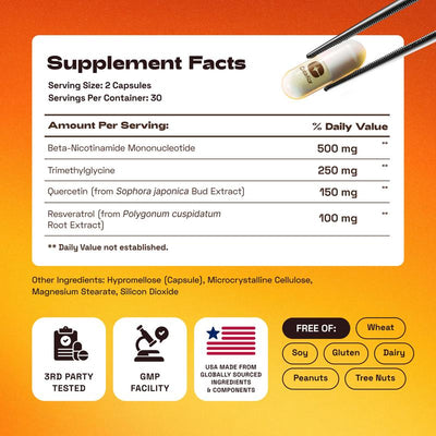 NMN Supplement, Quercetin, TMG, Resveratrol — Supports Cellular Energy & NAD+ Levels